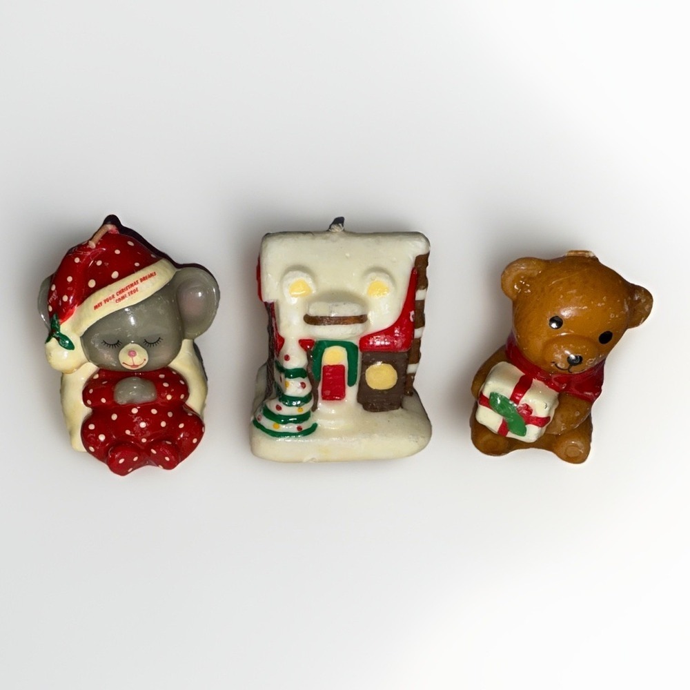 Vintage Christmas Novelty Candle Set Mouse Bear Snow House Retro Kitsch Decor